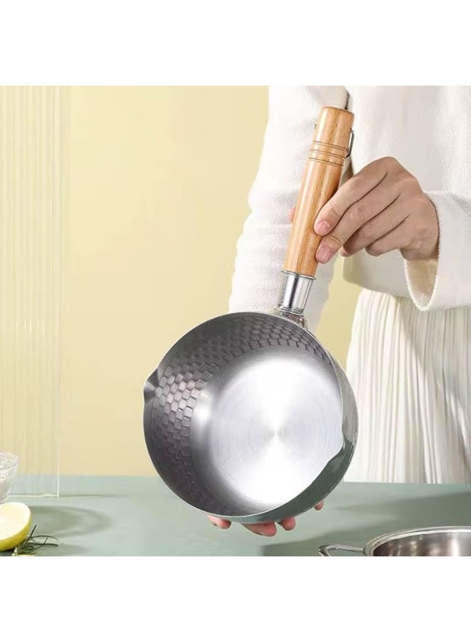 Professional casserole made of pure, rust-resistant metal with a heat-insulating natural wood handle; high-quality milk cooking and training pot with a side pouring spout. - Image 3